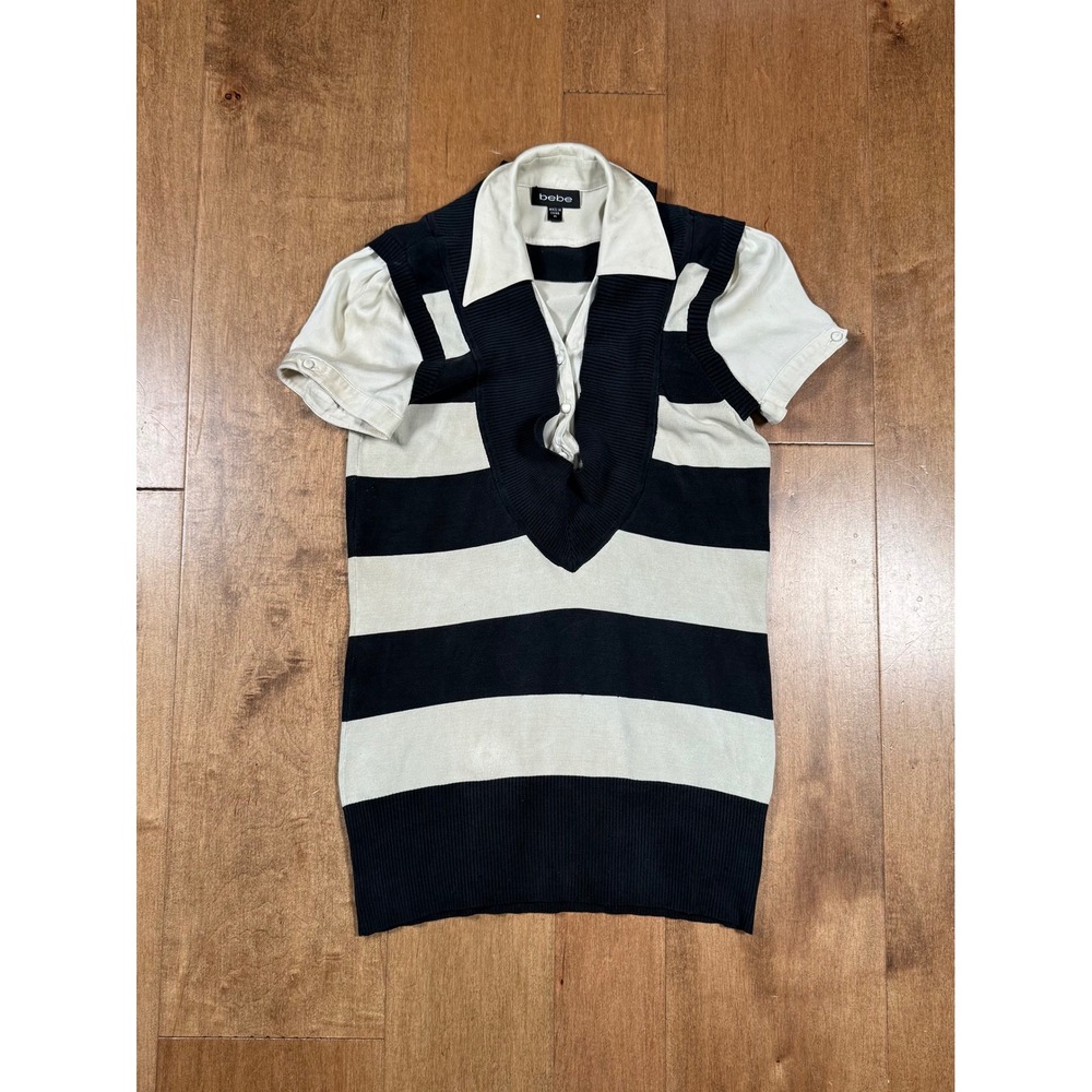 Bebe‎ Striped Collared Top Silk Blend School Girl Y2K Business VTG Y2K Women's M